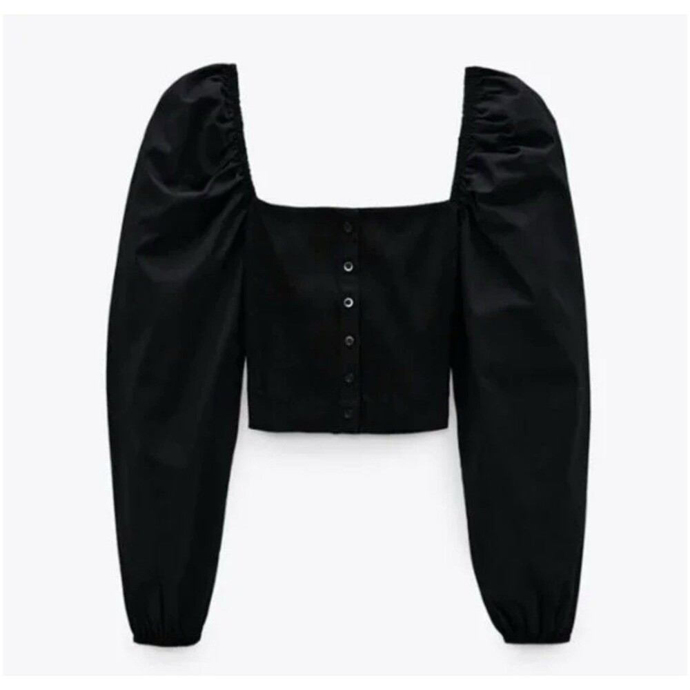 ZARA Wome's Puff Sleeve Black Crop Top Blouse Small Romantic Fashion Minimalist